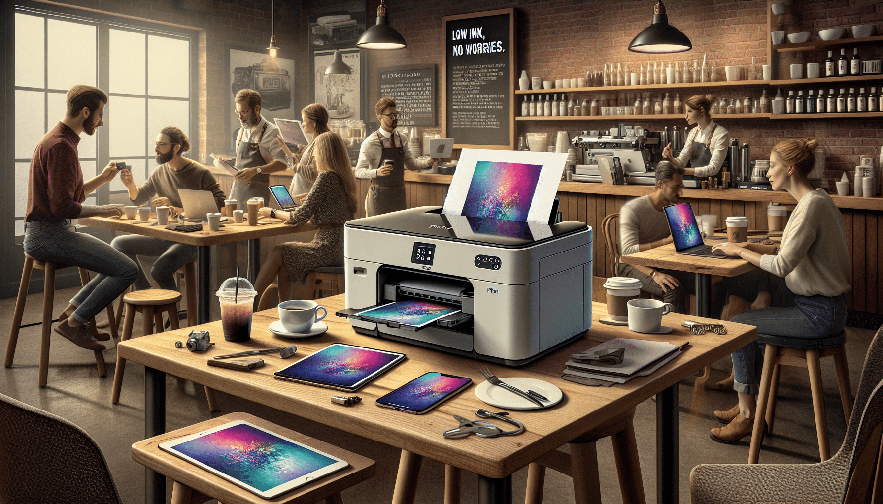 Bustling coffee shop scene featuring HP Instant Ink printer