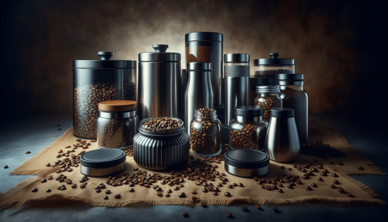 Assorted coffee beans and storage containers on burlap