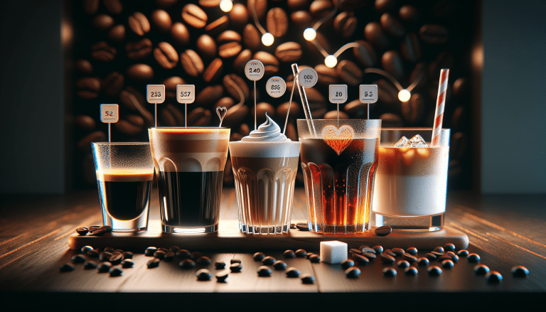 Assorted coffee drinks with calorie content displayed