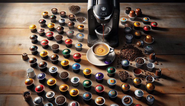 Diverse coffee pods array, brewing process, and selection art.
