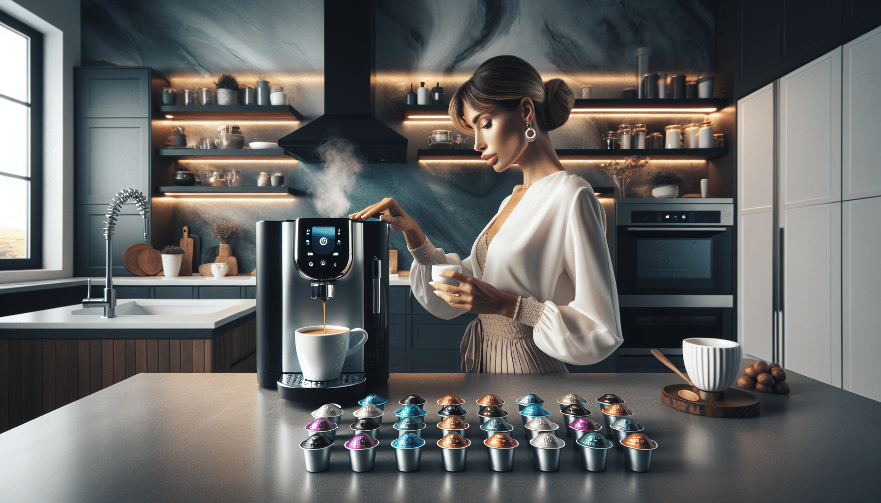 Elegant woman brewing coffee in chic modern kitchen