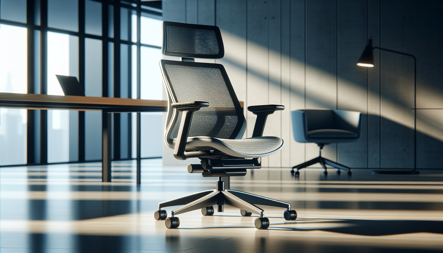 Ergonomic chair spotlight in modern, well-lit office