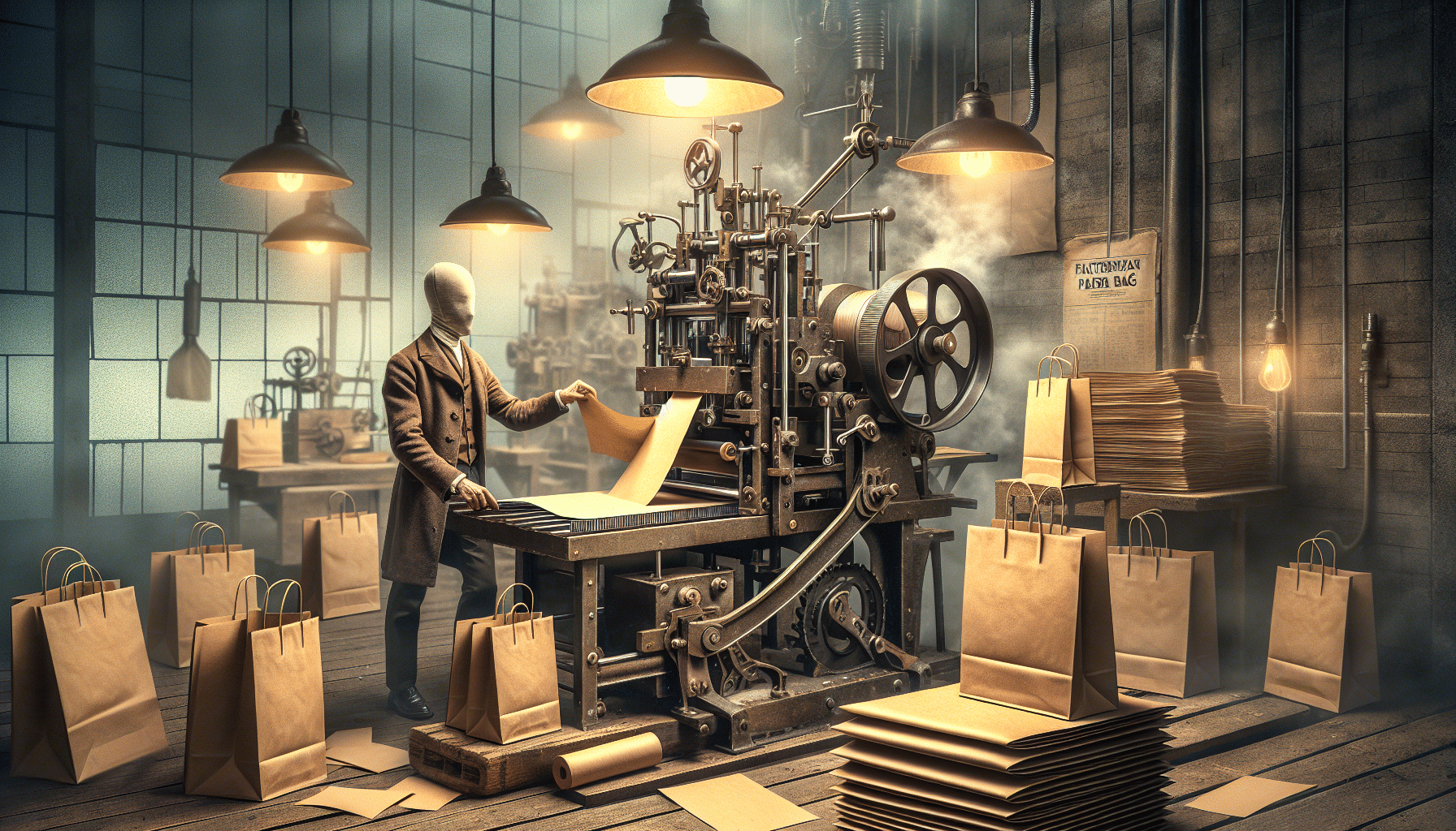 Francis wolle operating early paper bag manufacturing machine.