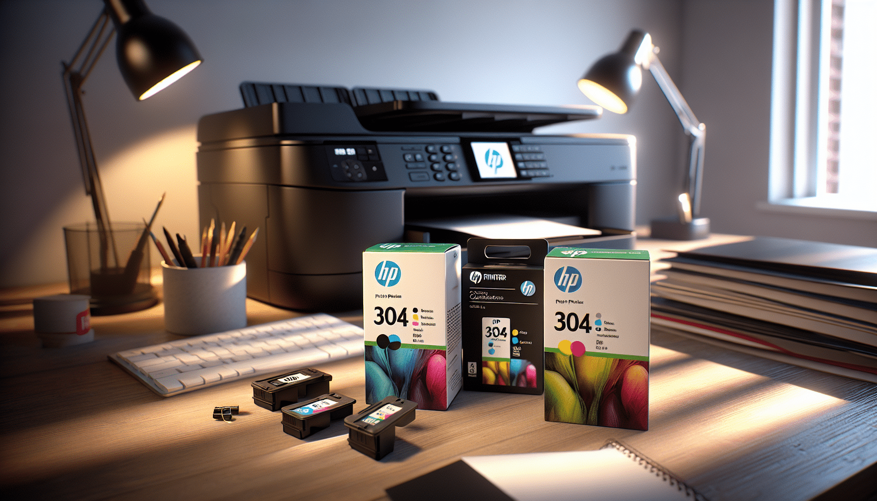 HP printer and 304 ink cartridges setup workspace