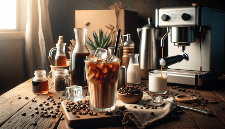 Homemade iced coffee in rustic setting, brewing perfection