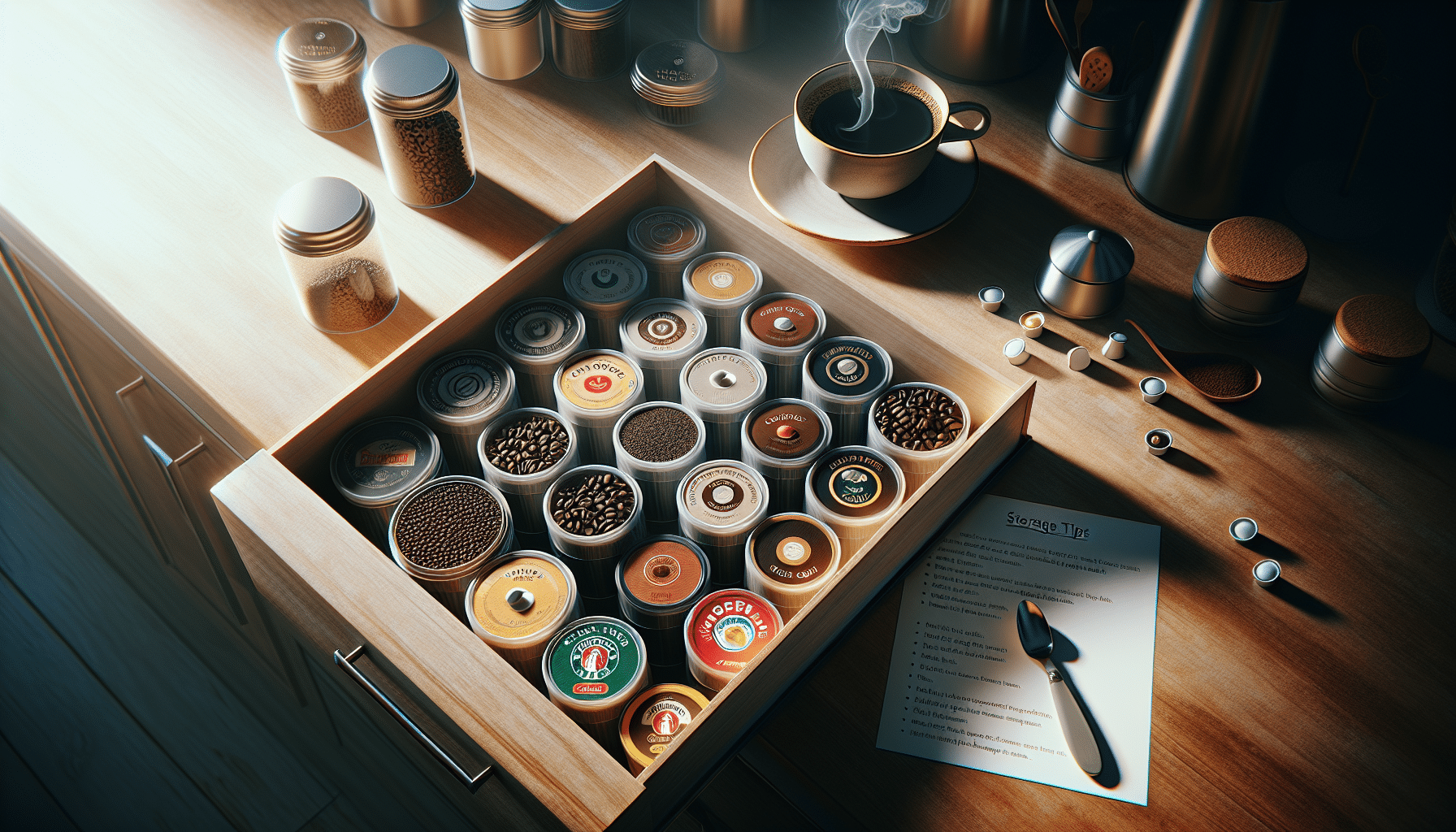 Organized coffee pod drawer with fresh coffee nearby