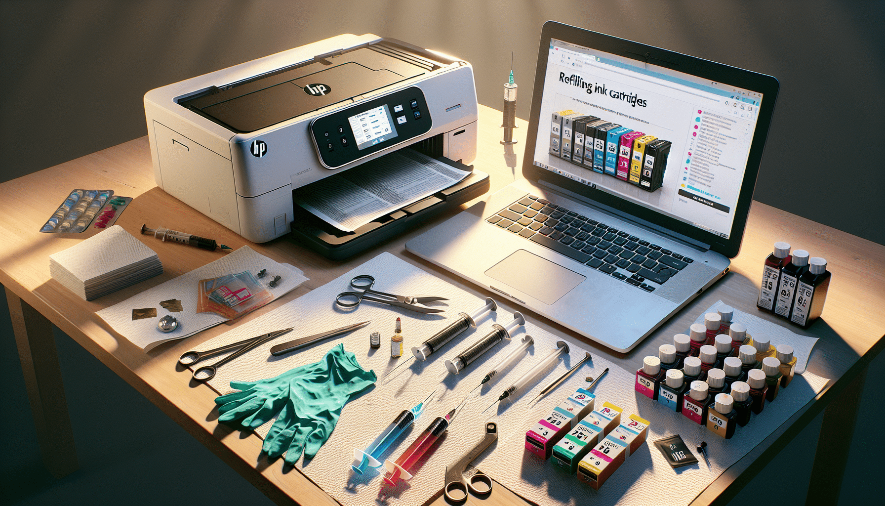 Organized desk prepared for ink cartridge refill process