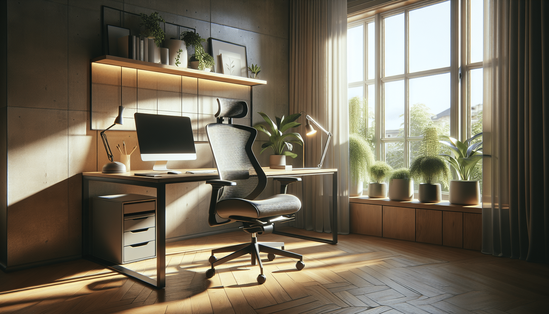 Serene home office with ergonomic chair and minimalistic decor