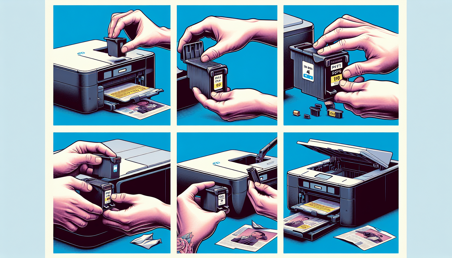 Stages of hp ink cartridge installation illustrated