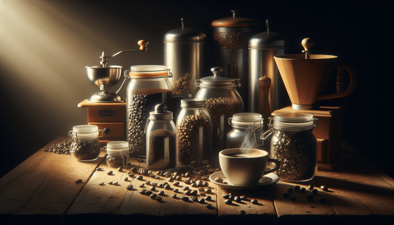 Variety of coffee beans, storage jars, grinder, and brewer