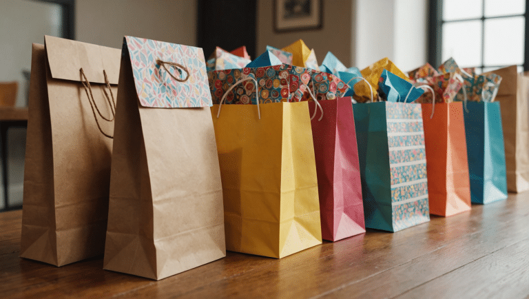 Assorted colorful paper bags displayed on wooden table.
