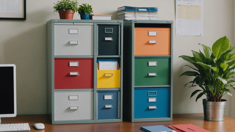 Color-coded filing system in efficient office space.