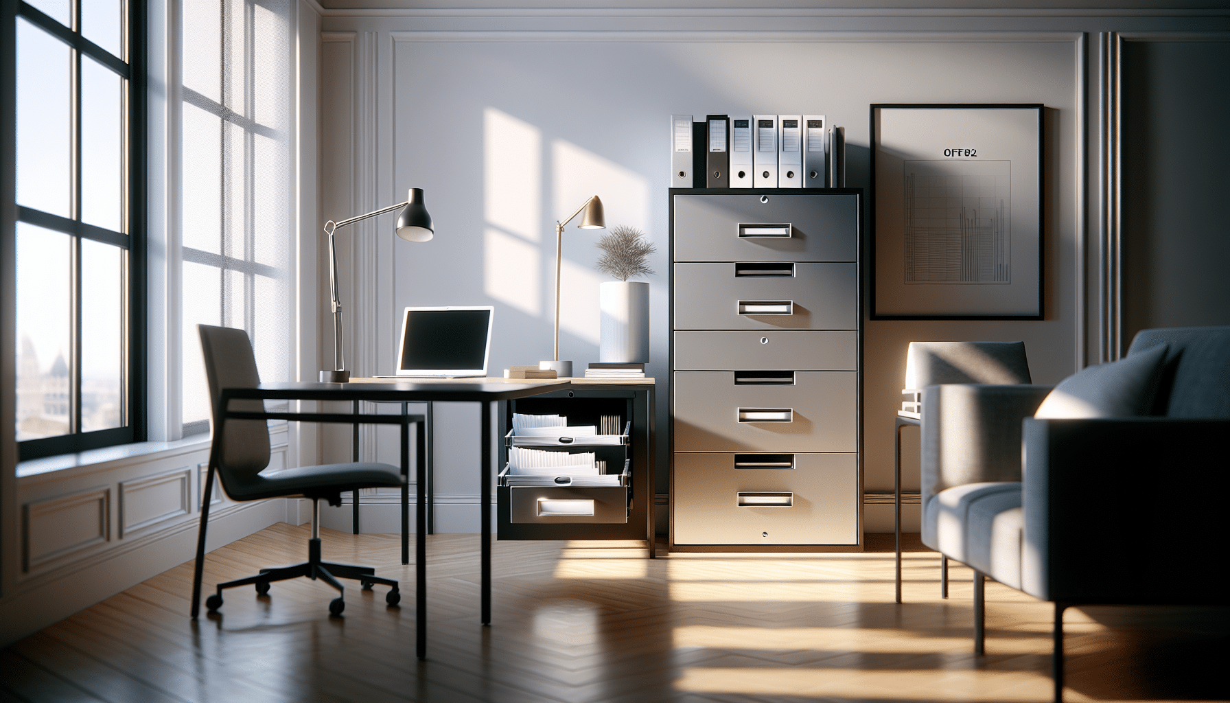 Contemporary home office with functional, fireproof filing cabinet.