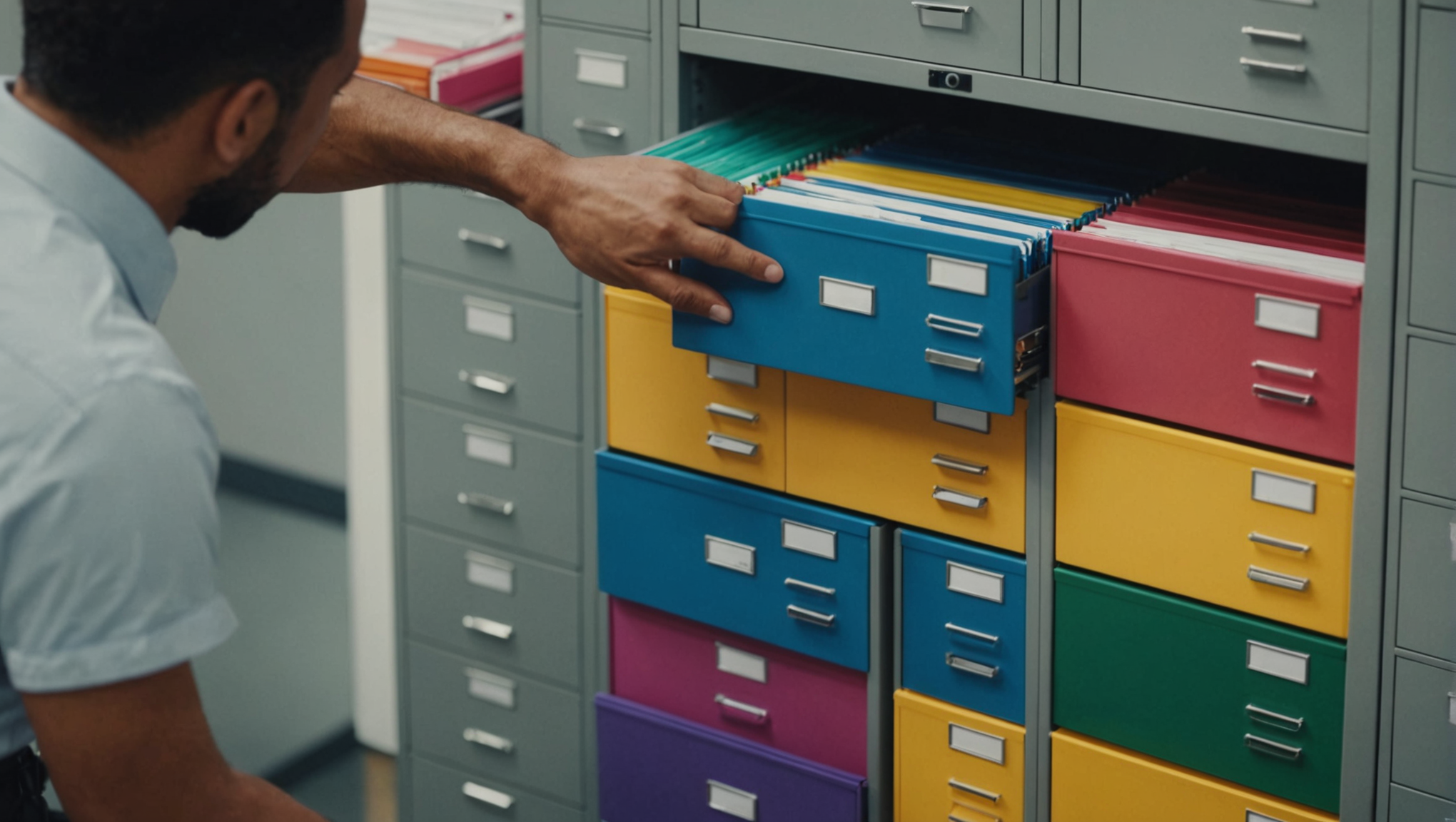 Efficiently organized office with color-coded filing system.