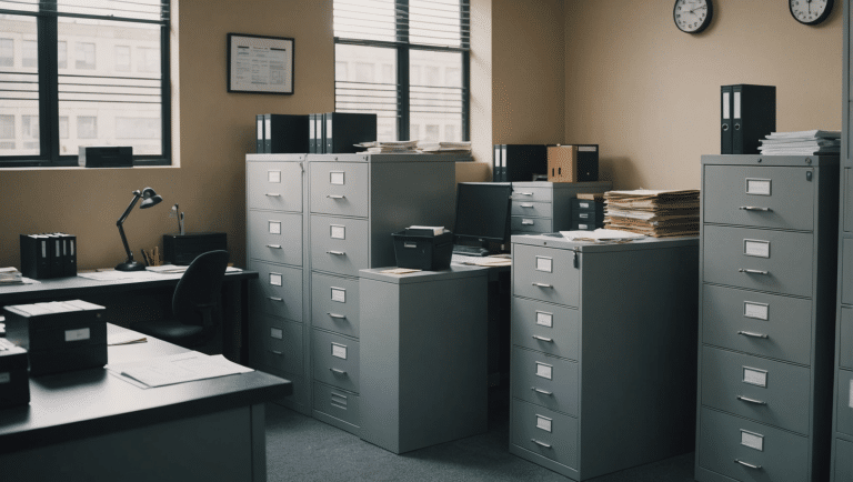 Modern, clutter-free office with well-organized filing cabinets.