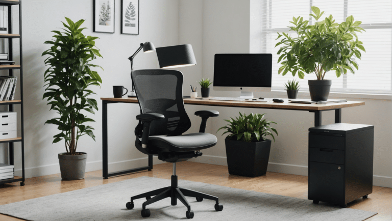 Modern ergonomic office setup with greenery and comfort.