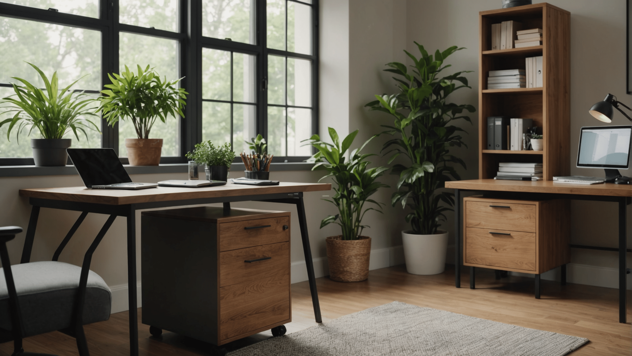 Modern home office with matching wooden and metal furniture.