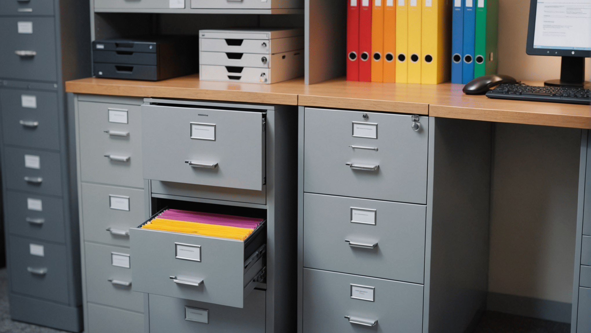 Modern office blending physical and digital document storage