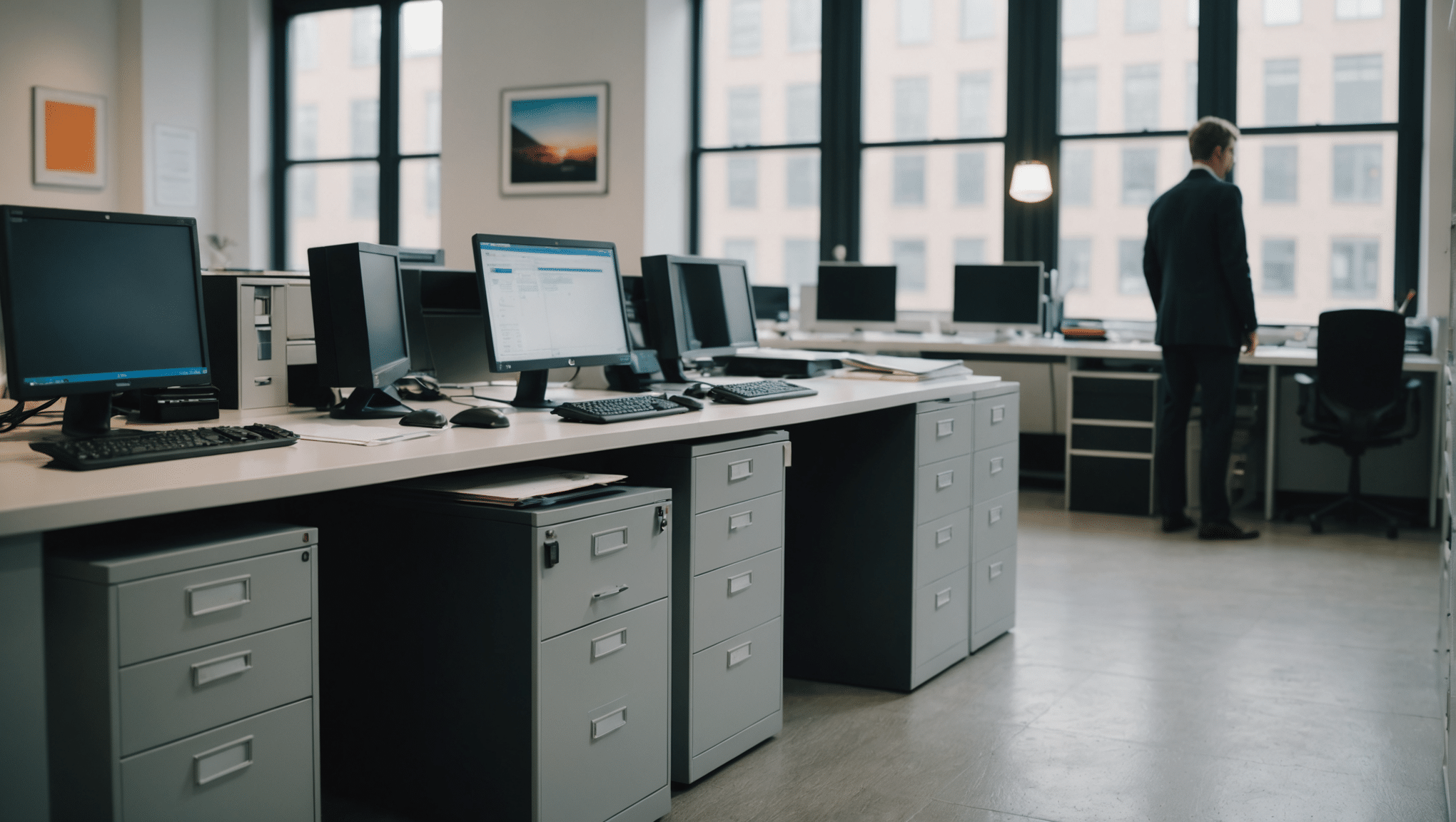 Modern office with color-coded filing and digital system