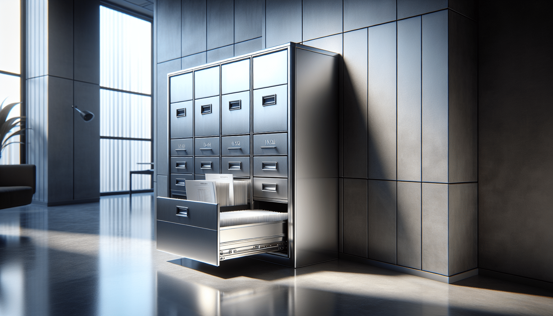 Sleek fireproof filing cabinet in modern office setting.