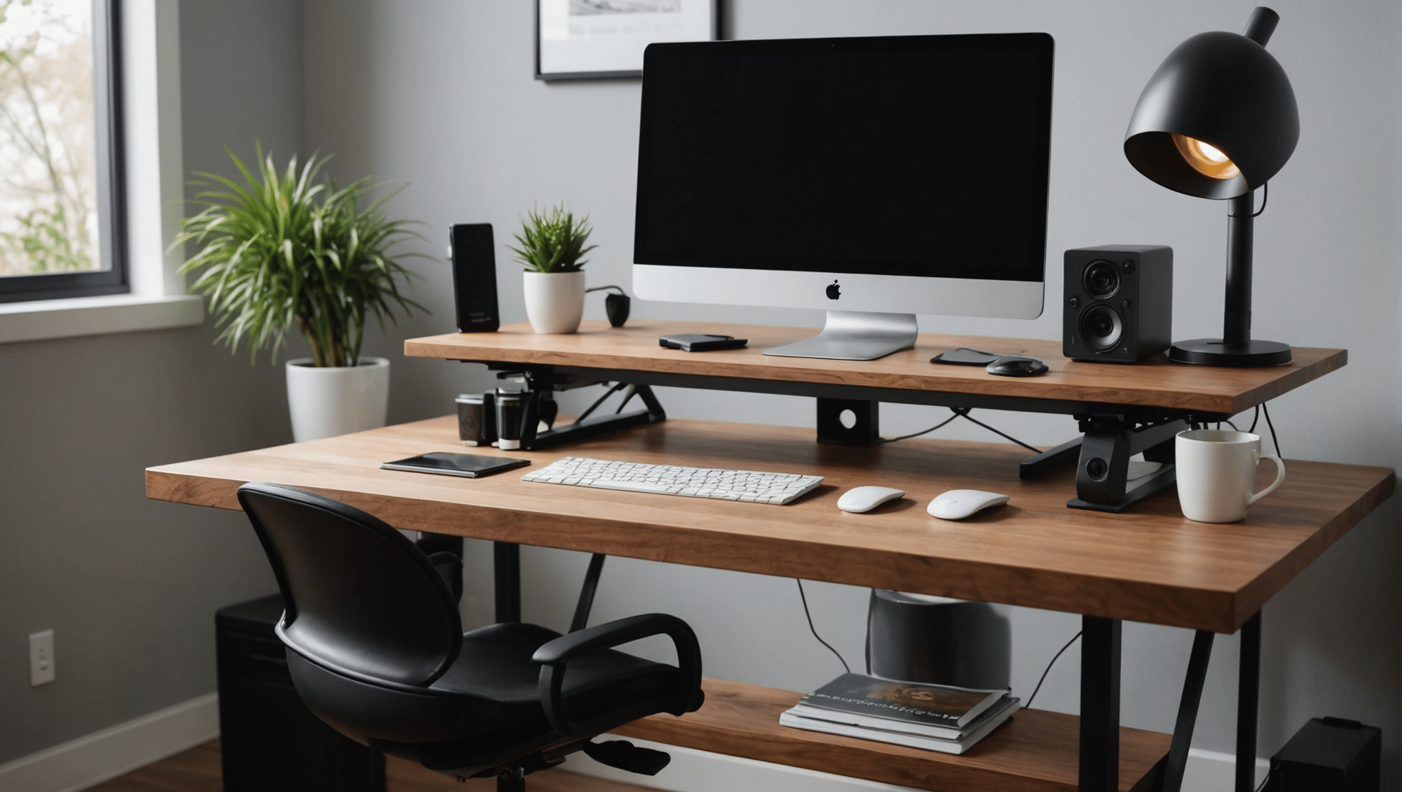 Modern ergonomic home office with standing desk converter.