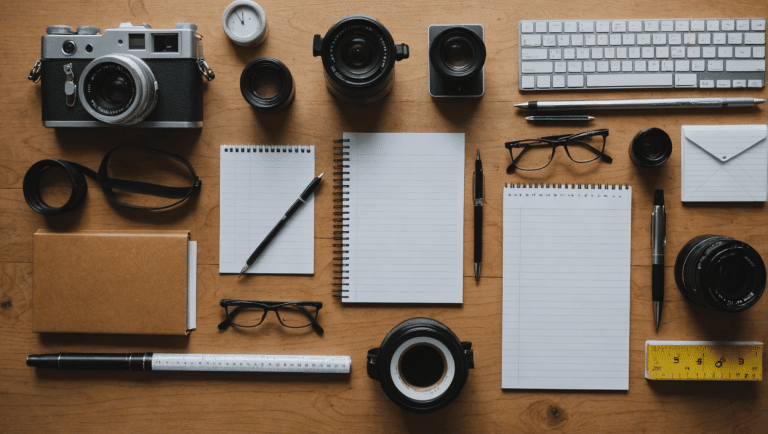 Organized desk showcasing different paper sizes and notes.