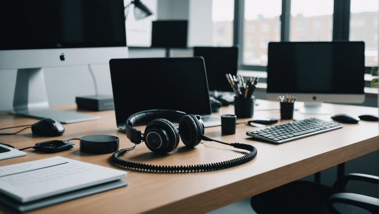 Productive workspace with wired and wireless headsets.