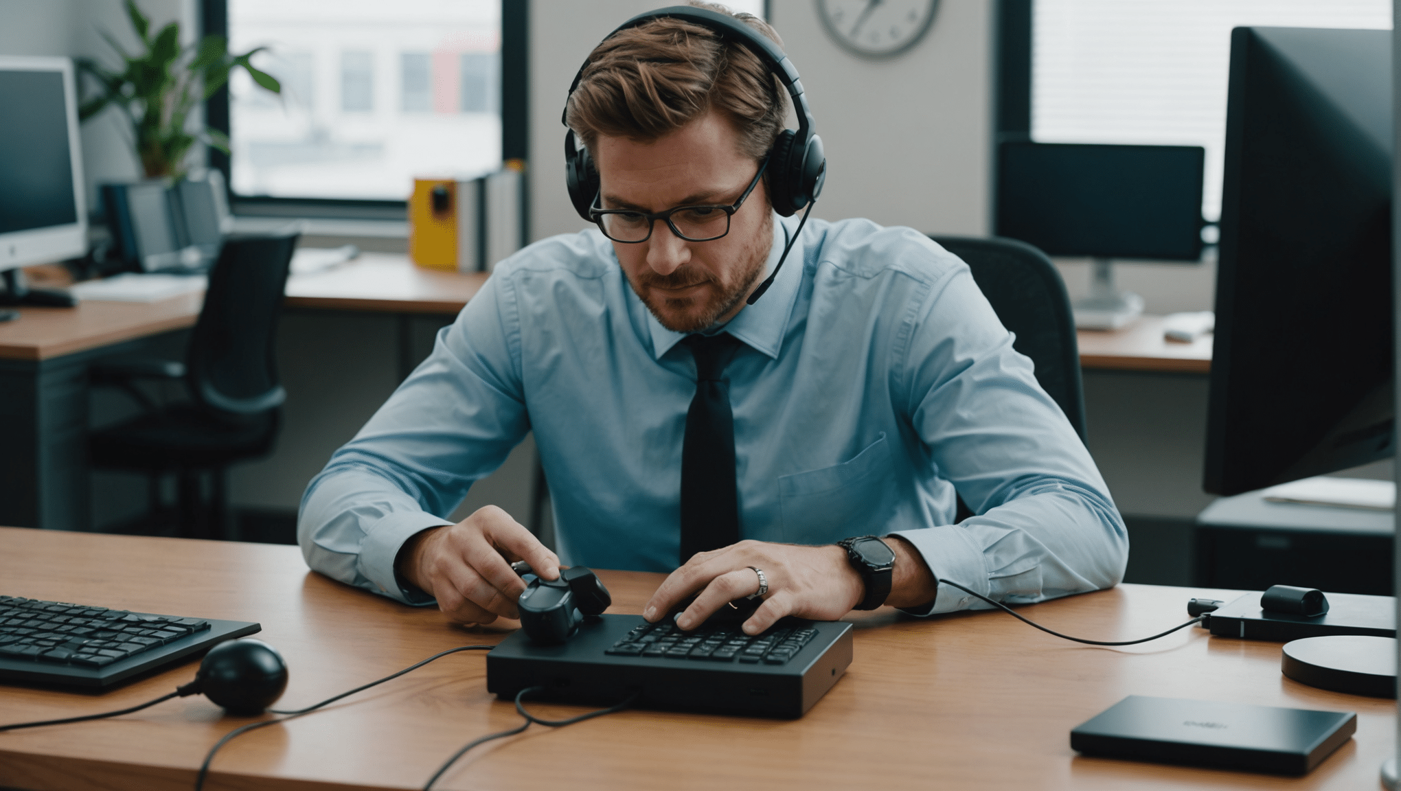 Professional adjusting wired headset in office environment.