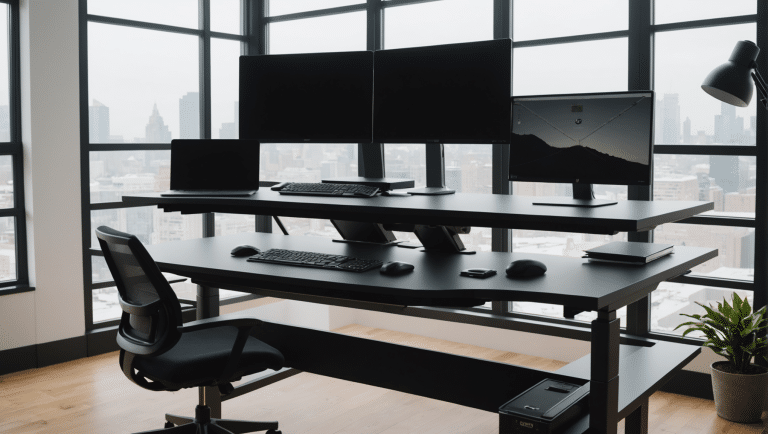 Ergonomic standing desk setup in professional office