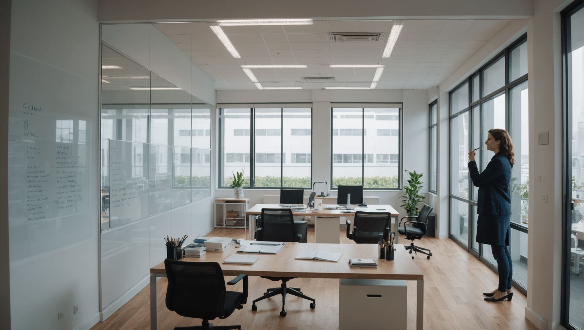 Modern office contrasting sleek glass and stained melamine whiteboards.