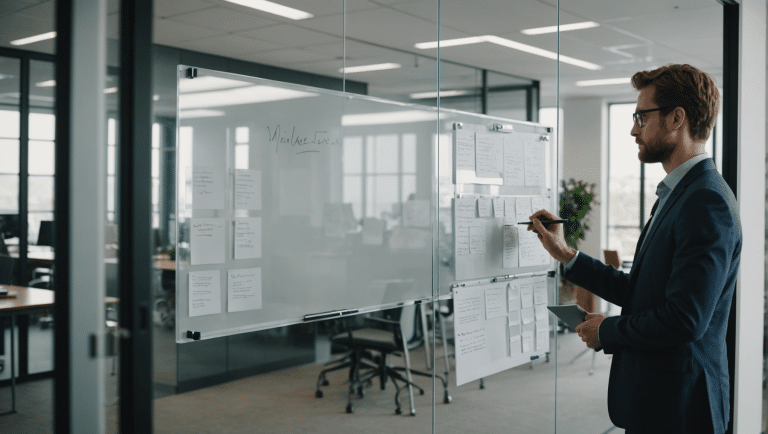 Modern office with sleek glass whiteboard in use.