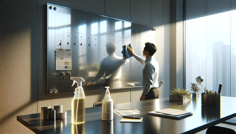 Office worker efficiently cleaning modern, sleek glass board