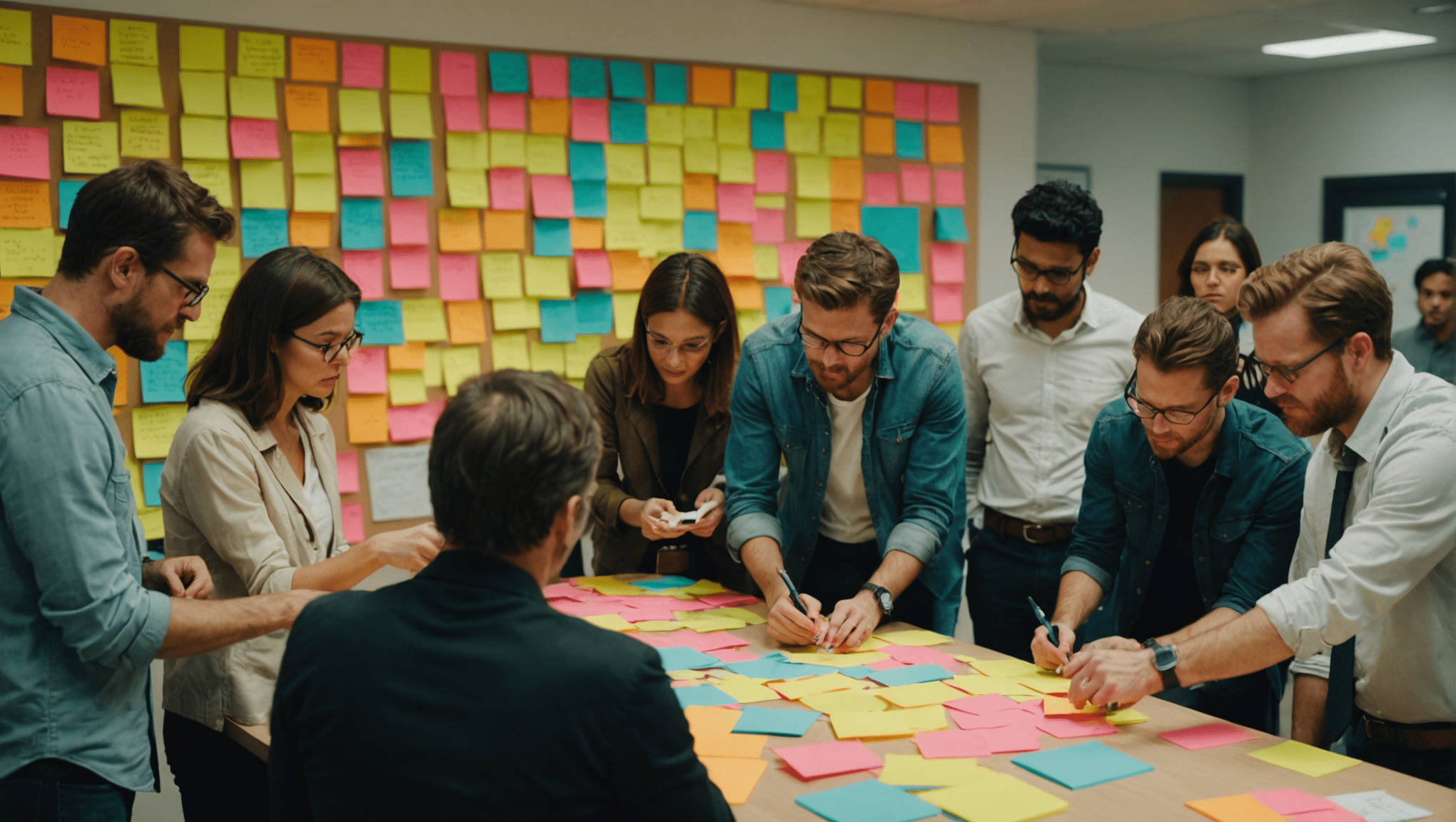 Collaborative brainstorming session with sticky notes and discussions