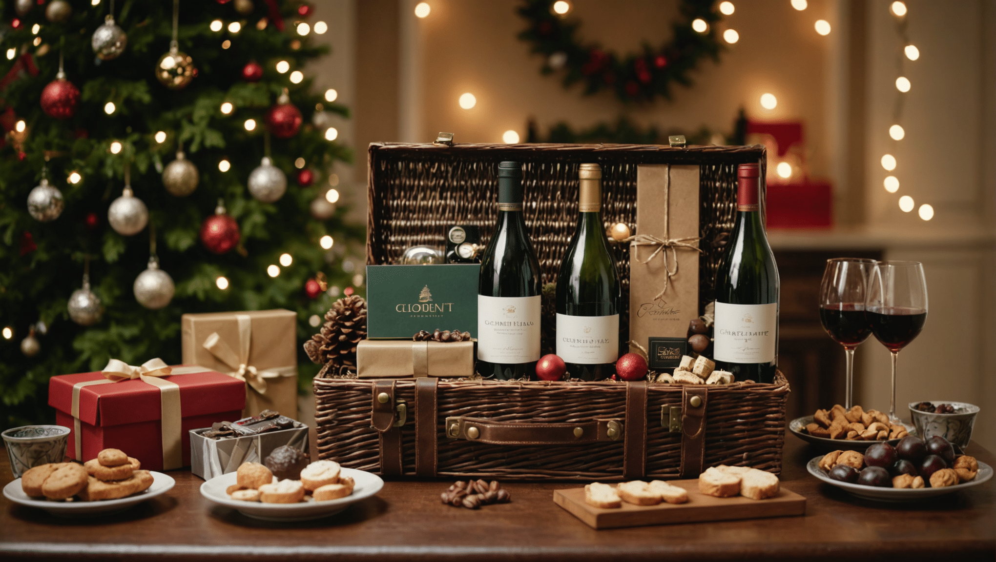 Elegant corporate christmas hamper with gourmet treats and wine.