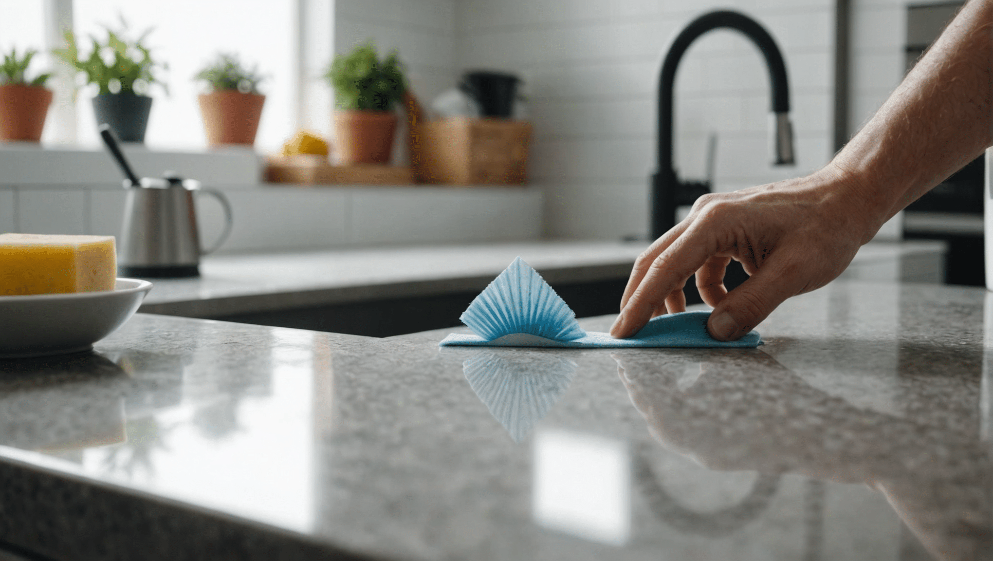 Hand sanitizing countertop in a bright, clean kitchen.