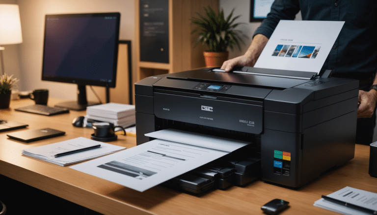 Inserting toner cartridge in office printer, print options displayed.