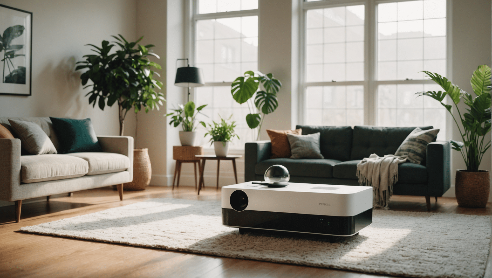 Minimalist air purifier dispelling dust in sunlit living room.