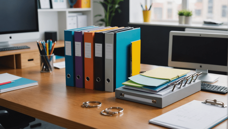 Organized workspace with vibrant stationery and robust binders.