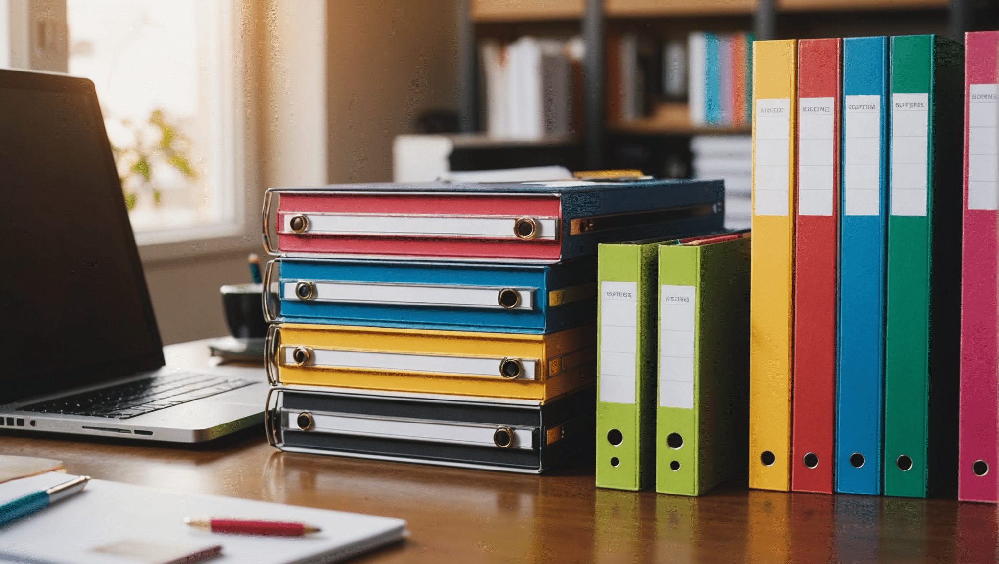 Sunlit desk with organized, colorful files and coffee.