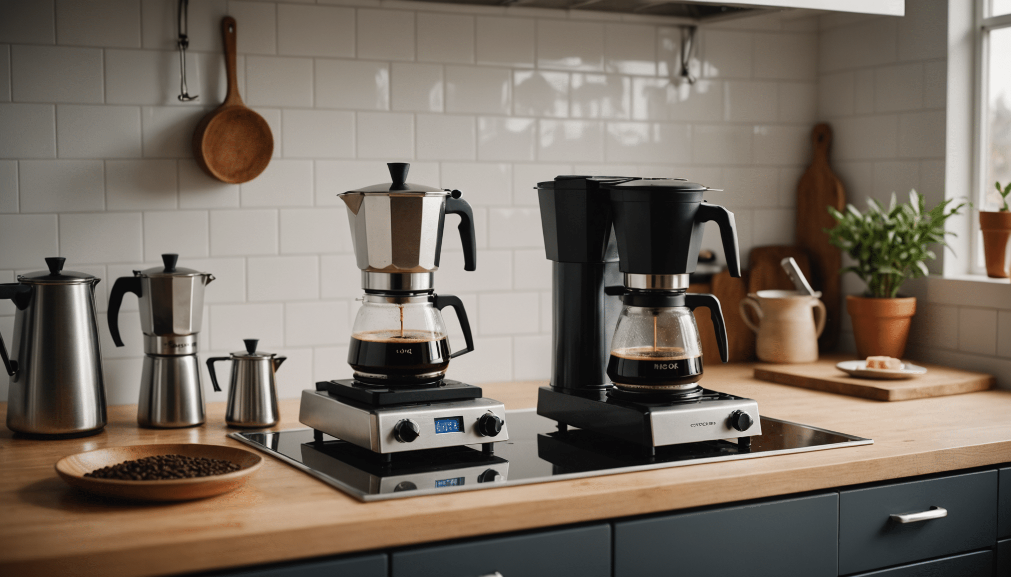 Disassembled moka pot in modern kitchen with espresso.