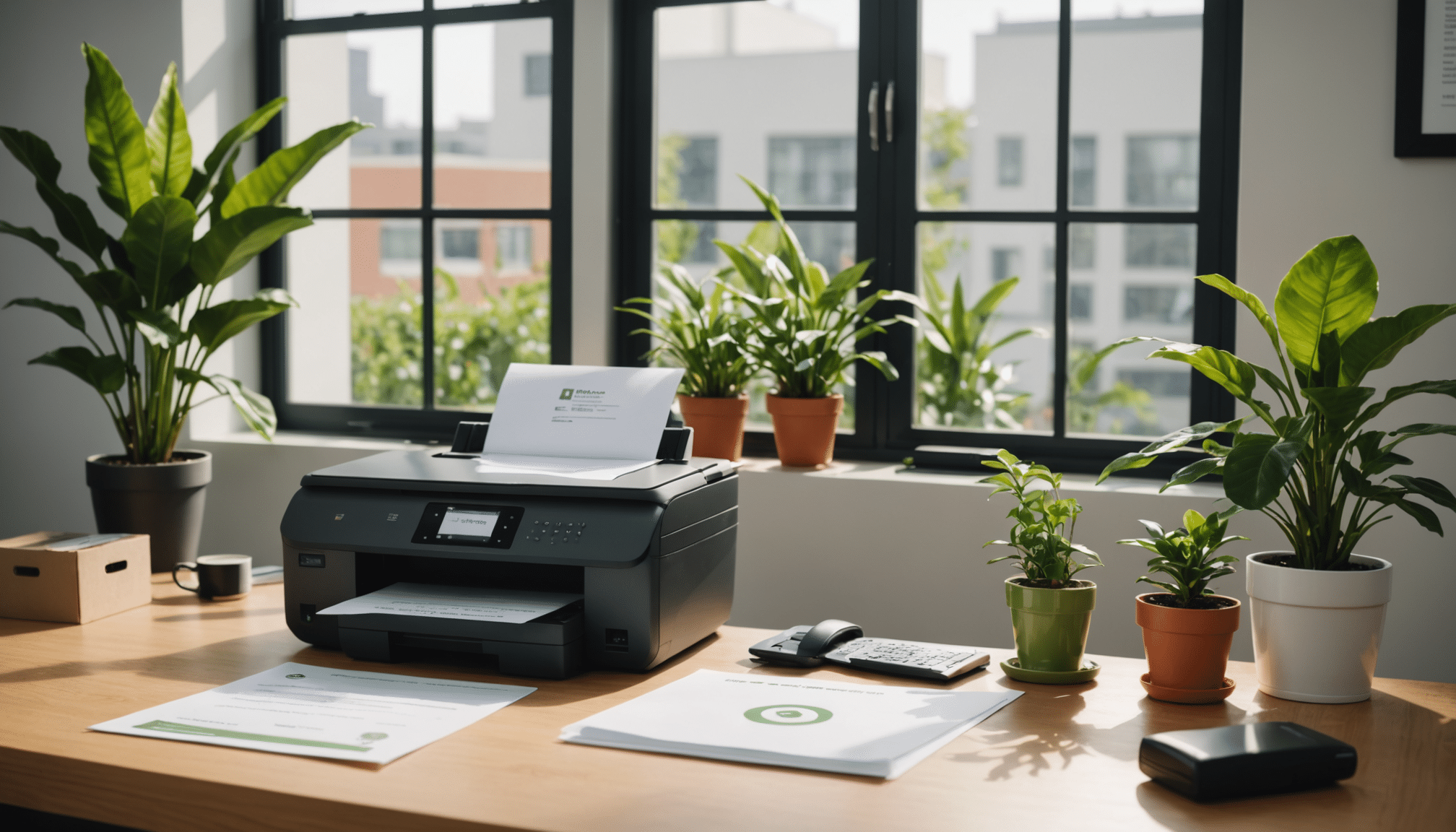 Eco-friendly office setup with recycled paper and printers.