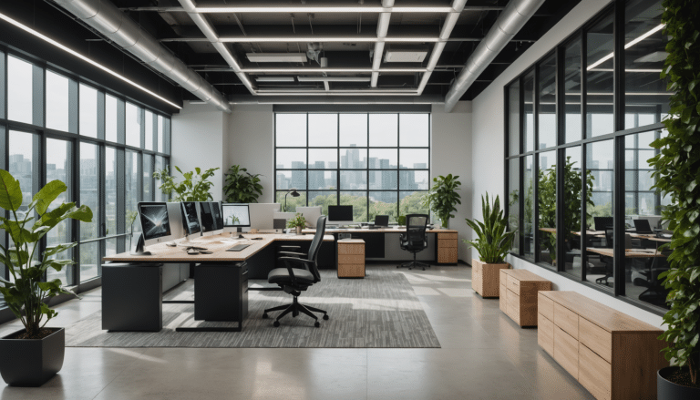 Futuristic office integrating nature, technology and innovative design elements.