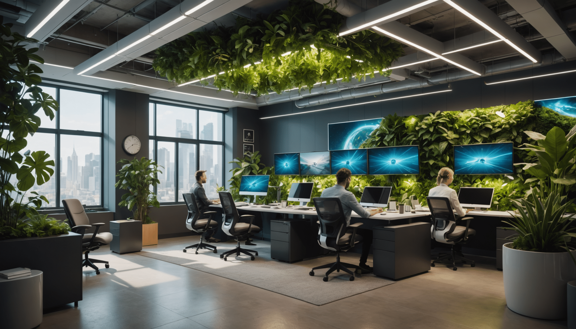 Futuristic, sustainable office space with AI-driven furnishings 2025.