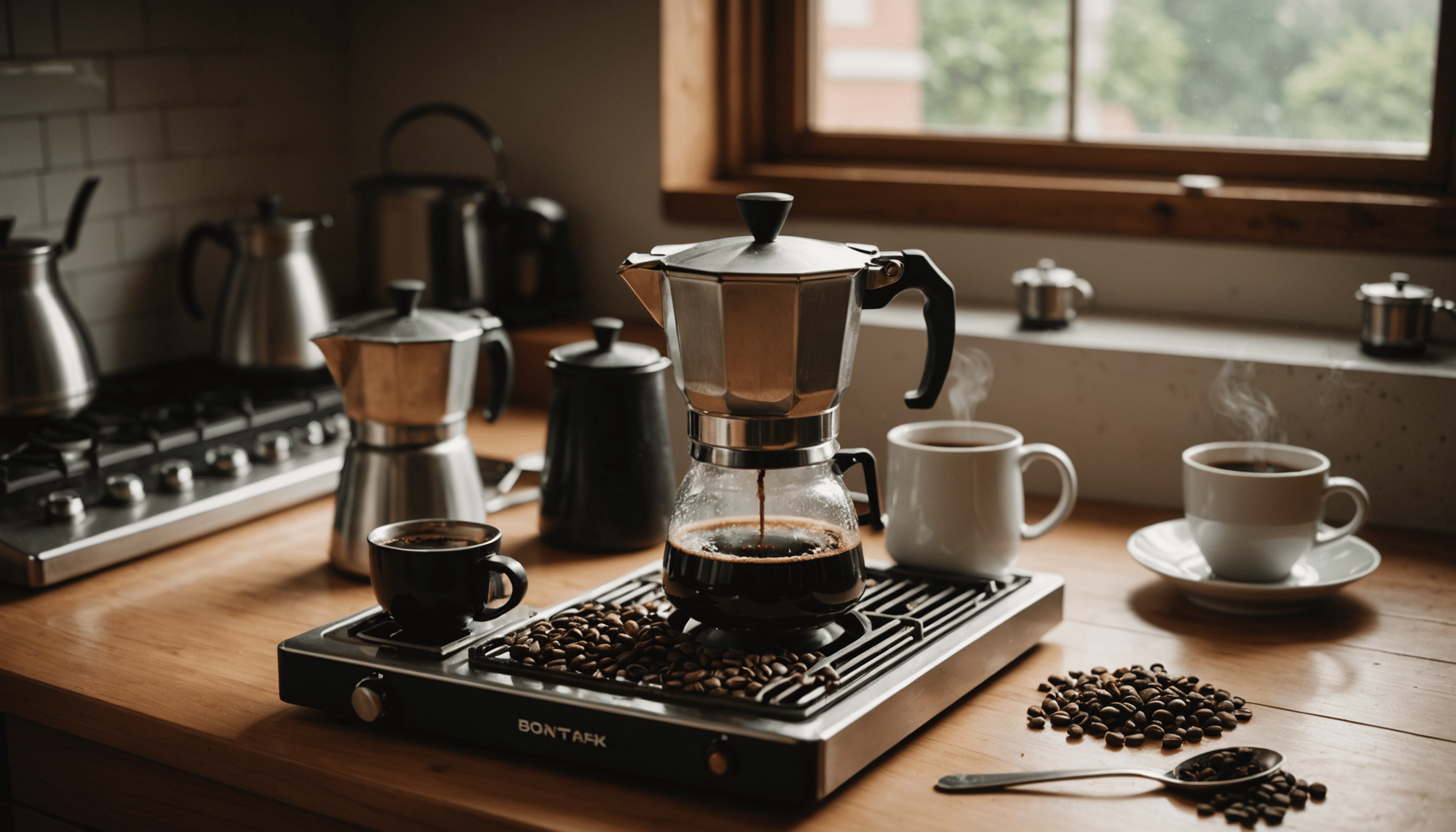 Preparing coffee with disassembled moka pot on stove