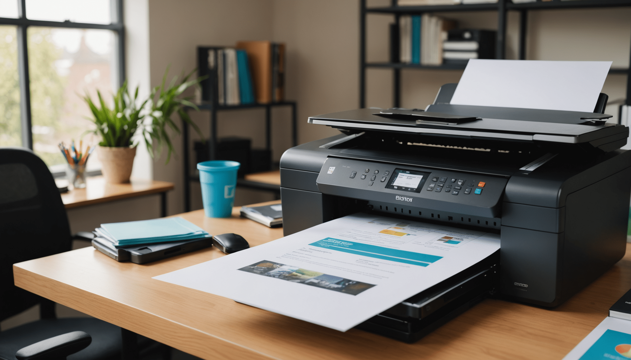 Sleek printer in modern, professional, eco-friendly workspace.