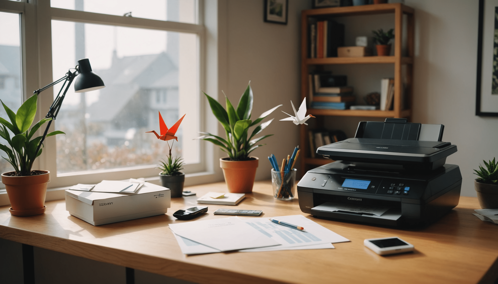 Sustainable home office enhanced by natural light and origami.