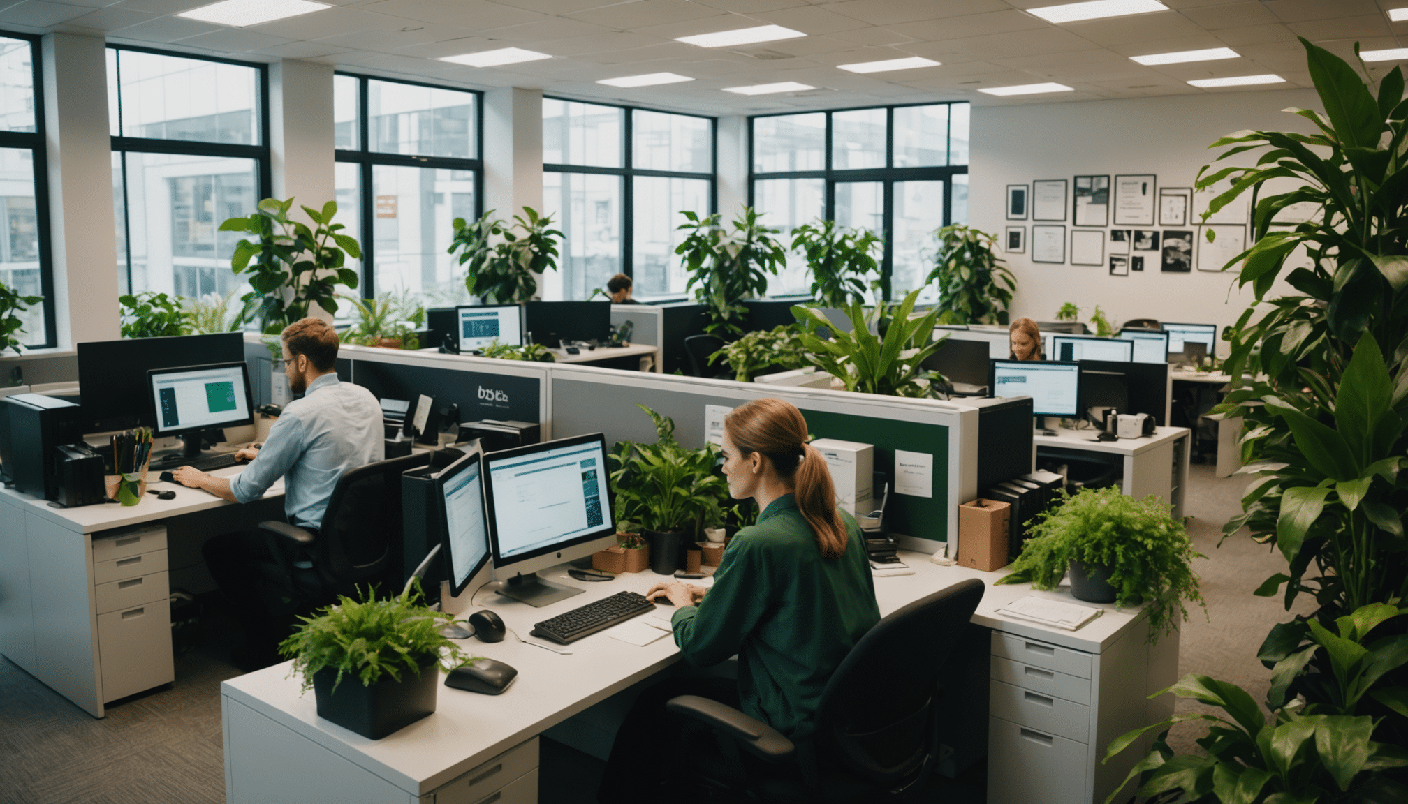 Sustainable office promoting green practices in digital workspace.