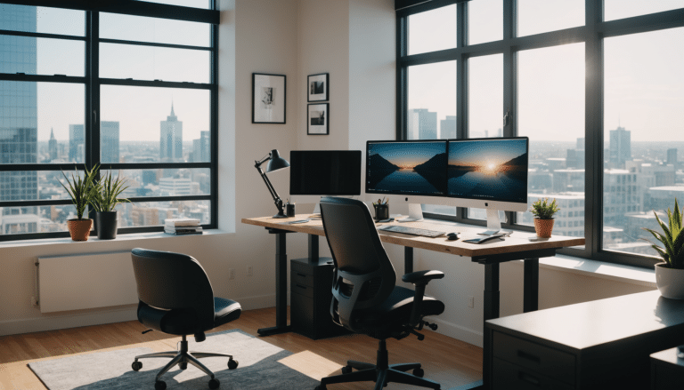 Bright modern office with ergonomic standing desk setup