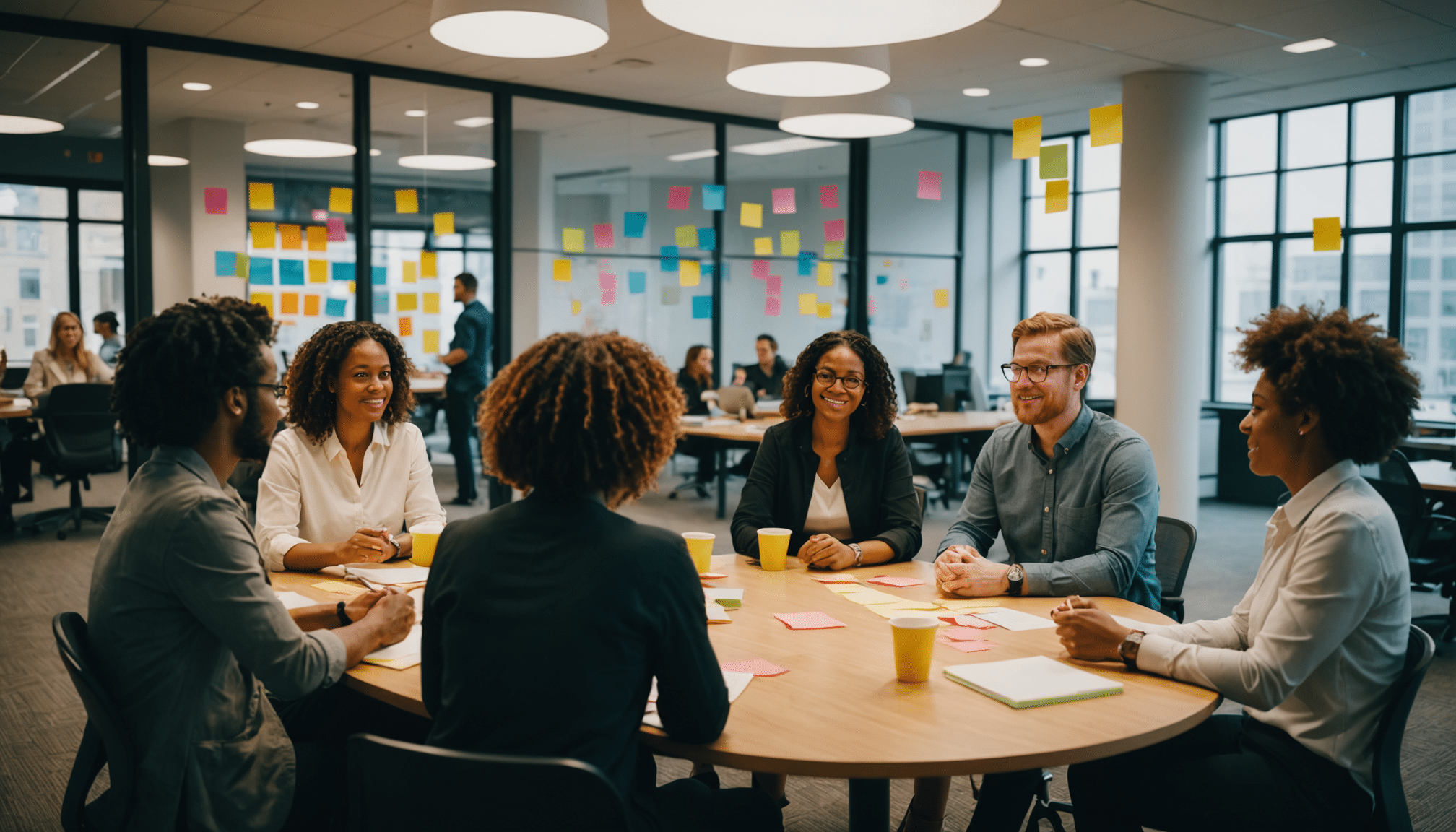 Diverse team engaged in vibrant, collaborative brainstorming session.