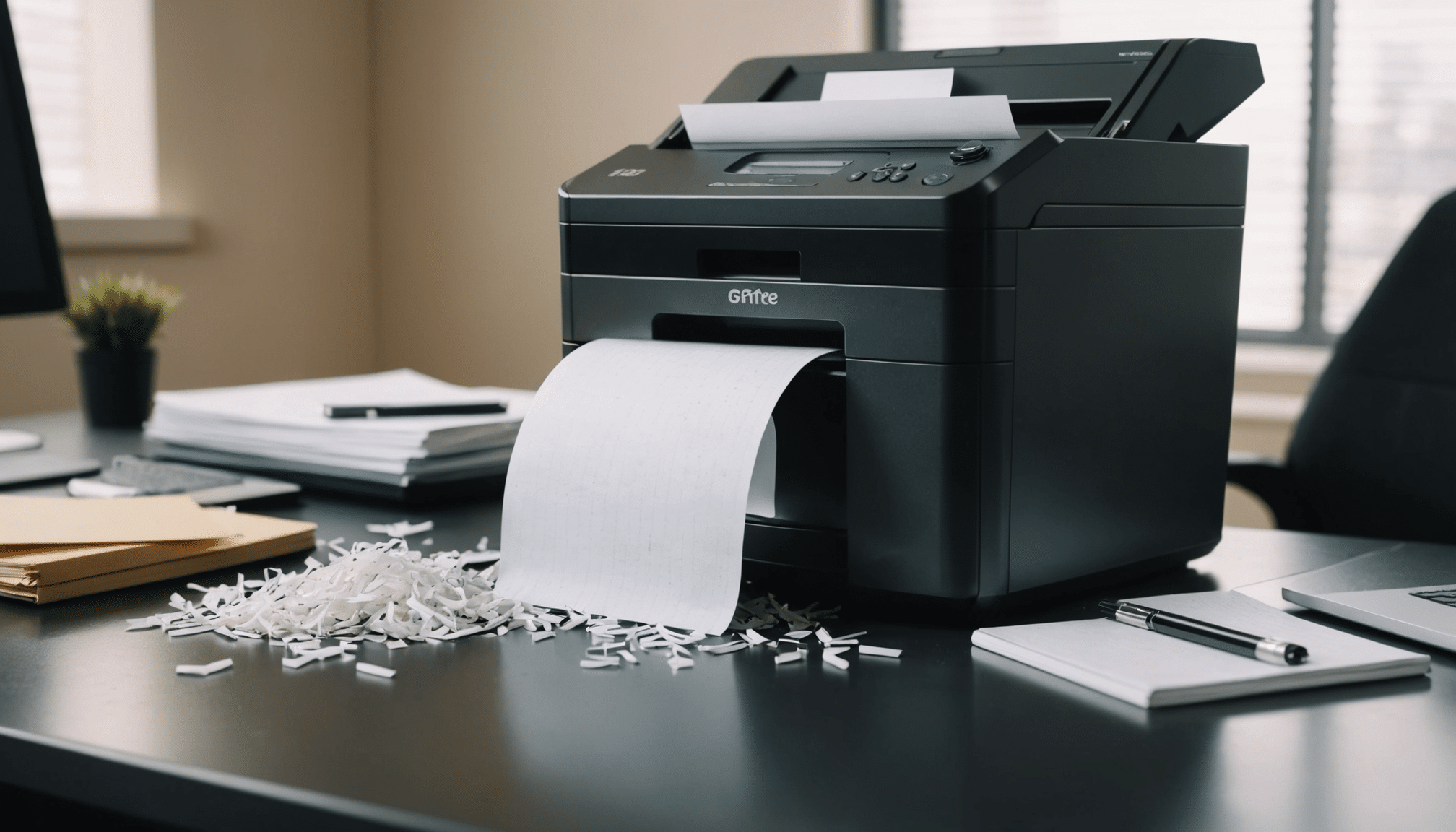 Efficient modern office with active, compact paper shredder.